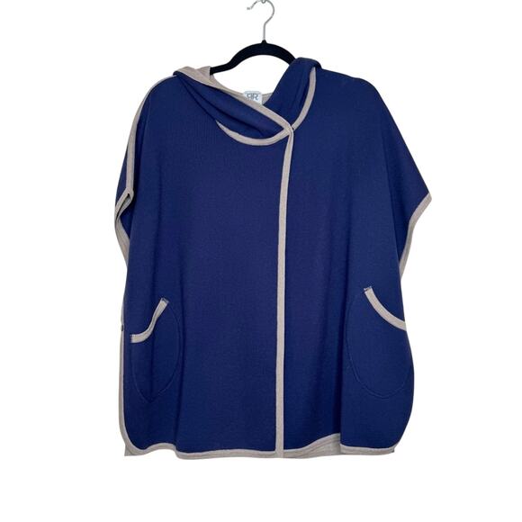 Double R Double Faced Silk/ Cashmere Poncho Navy Camel Size M - Picture 2 of 12